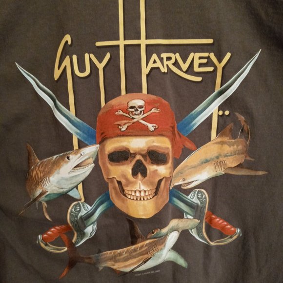 GUY HARVEY PIRATES W SHARKS SCENE GREY LONG SLEEVE T SHIRT SZ L - Picture 3 of 7